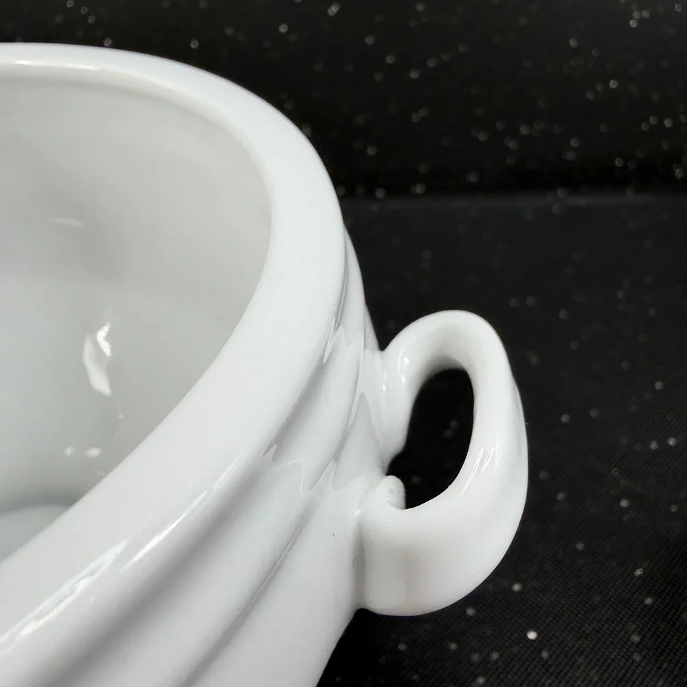 Crate & Barrel White Porcelain Footed Soup Bowls Dishes with Handles Set of 2